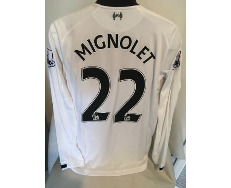 Liverpool 2013/2014 Match Worn Football Shirt: White long sleeve with Premiership badging to arms. Number 22 Mignolet to rear