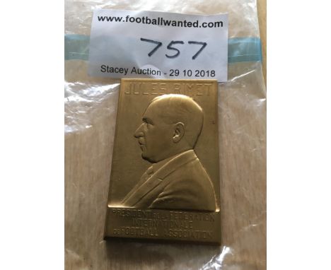 Jules Rimet 1930 Metal Plaque By Abel La Fleur: Heavy gold coloured metal with names Jules Rimet and portrait of him. It stat