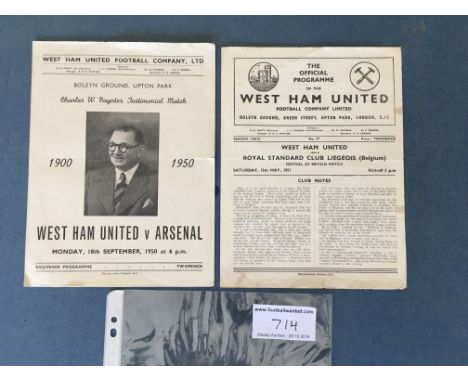 West Ham 50/51 Home Football Programmes: Festival of Britain match v Liegeois plus Charlie Paynter testimonial which has smal