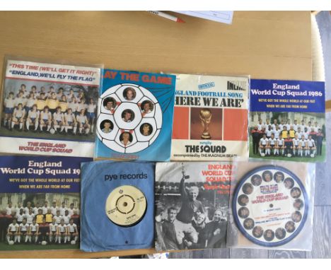 England + West Ham Football Memorabilia Box: Many England Corinthian figures and 7 inch singles from World Cups 70 74 82 (pic