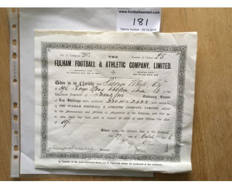 1906 Fulham Football Club Share Certificate: Signed by then manager Harry Bradshaw. Embossed with Fulham Football + Athletic 