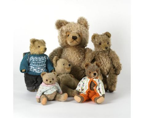 6 Mohairteddys    Verschiedene Hersteller und Steiff.        1x mit Knopf und Fähnchen gemarkt, Hermann, Schuco/Hegi.        