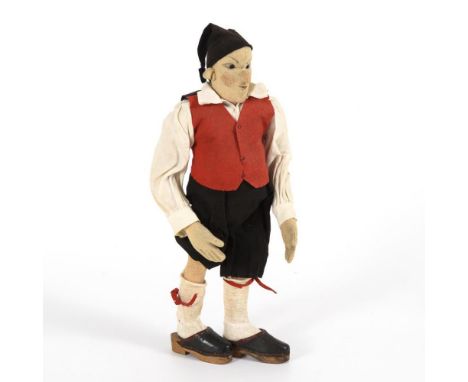 Seltene Filzpuppe "Müller"    Wohl Steiff.        Ohne Knopf.        1920er Jahre.                    Filz, Leder.        L 4