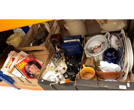 Four boxes and a wooden trunk containing various china ware, a set of vintage scales, Harvest ware type jugs, a collection of
