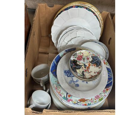A box containing assorted decorative china wares to include chinoiserie style decorated plates etc