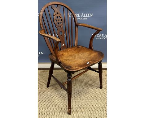 A 19th Century Thames Valley wheel and stick back elbow chair on turned legs united by H stretcher, 57 cm wide x 42 cm deep x