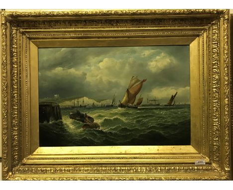 ATTRIBUTED TO JOHN JAMES WILSON (1818-1875) "Seascape with vessels including row boat with figures and barrel in foreground a