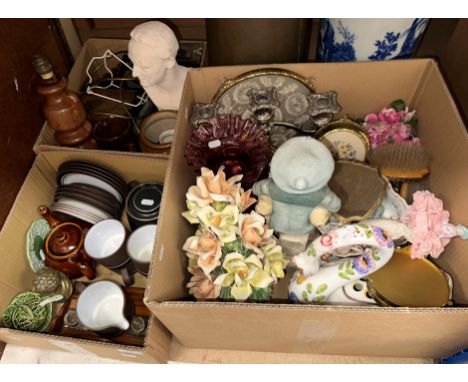 Two boxes of assorted china and sundry items to include a mid 20th Century turned wood table lamp, a plaster figure of C.D. G