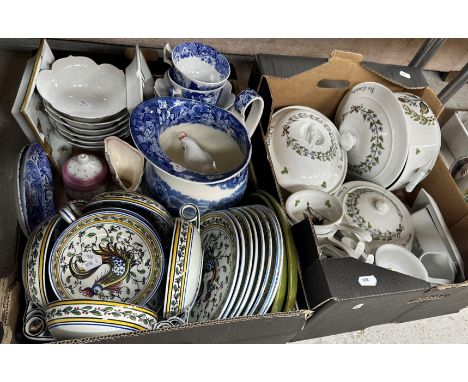 Four boxes of assorted china and glassware to include a Pillivuyt "Country Style" part tea set, various Apilco tablewares dec