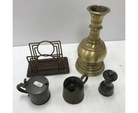 A collection of metal wares etc to include a brass bound oak cutlery canteen box (missing fittings and contents), a pair of V