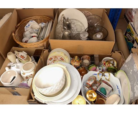 Three boxes of assorted decorative china and glassware to include cake stand, bowls, decanters, vases etc together with a bas