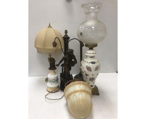 Five various table lamps, a reeded column table lamp base and a coloured glass ceiling lantern