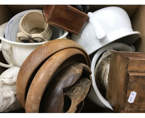 Three boxes of sundry china and glass to include various chamber pots, wooden bowls, dressing table sets, turquoise pottery, 