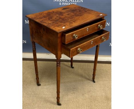 A Regency burr yew veneered side table, the two piece top with beaded edge over two box wood strung drawers with pressed bras