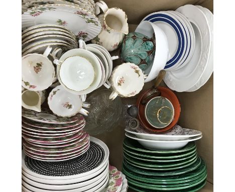 Two boxes of assorted sundry decorative china, glass etc to include Studio Pottery type lidded pot, Marinekko side plates, ci