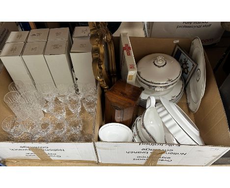 A box containing a collection of glassware to include Royal Doulton wines, Franklin Mint champagne flutes with etched floral 