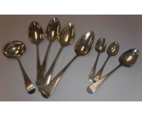 A set of three George III "Old English" pattern tablespoons (by Samuel Godbehere, Edward Wigan and James Bult, London 1809), 