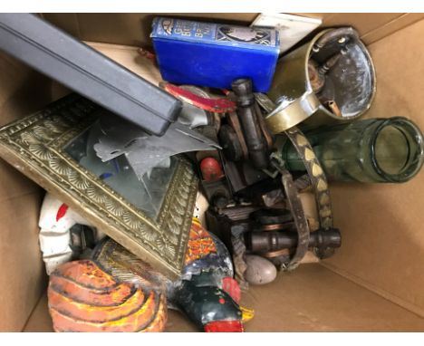 A box and collection of various sporting and other ephemera including a butterfly wing tray, pair of wooden canons, soapstone