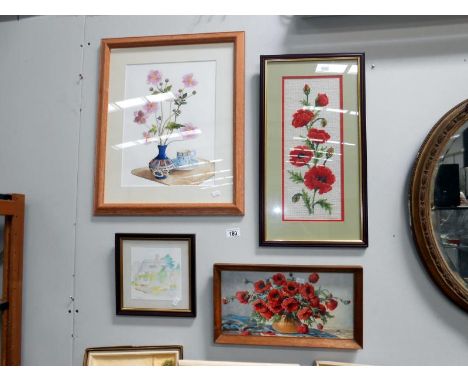 A framed and glazed poppy tapestry and 3 prints
