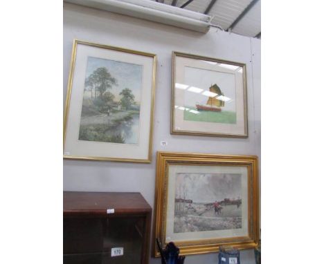 A framed and glazed hunting scene and 2 other pictures