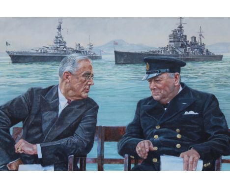 Brian Sanders (British, B. 1937) "Franklin Roosevelt and Winston Churchill" Original Oil on Canvas painting. Provenance: Coll