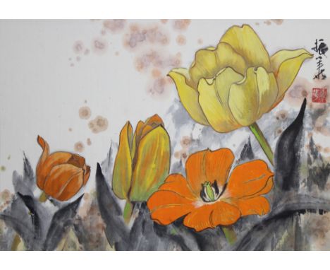 Zhenhua Wang (Chinese, 20th C.) "Yellow and Orange Tulips" Signed and stamped upper right. Original Watercolor painting. Prov