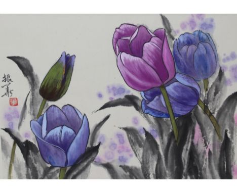 Zhenhua Wang (Chinese, 20th C.) "Purple Tulips" Signed and stamped middle left. Watercolor on Rice Paper. Provenance: Collect