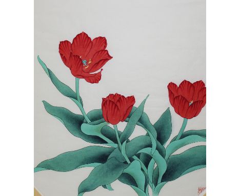 Da Mei &amp; Wen Lin (Chinese, 20th C.) "Red Tulip" Stamped lower right. Original Watercolor on Rice Paper. Provenance: Colle