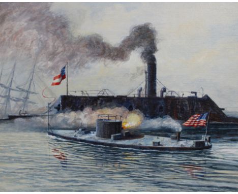 Brian Sanders (British, B. 1937) "USS Monitor &amp; CSS Virginia" Signed lower right. Original Oil on Masonite painting. Prov