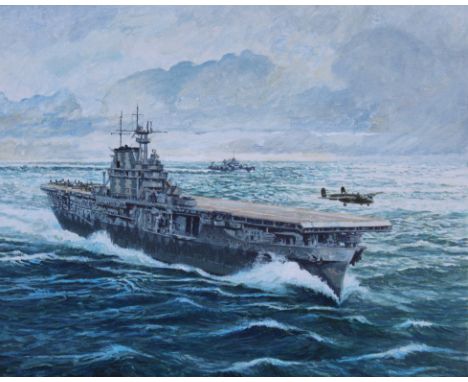 Brian Sanders (British, B. 1937) "USS Hornet" Signed lower right. Oil on Masonite painting. Provenance: Collection of James A