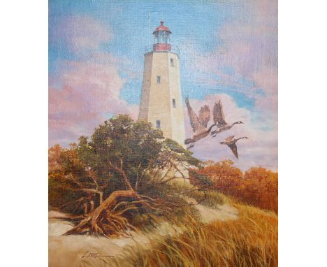 Dennis Lyall (American, B. 1946) "Sandy Hook Lighthouse, NJ" Signed lower left. Oil on Canvas. Provenance: Collection of Jame