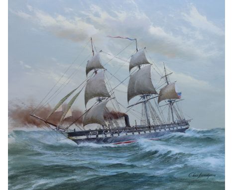 Charles J Lundgren (New York, Connecticut, 1911 - 1988) "U.S.S. Minnesota" Signed lower right. Original Oil painting on Artis