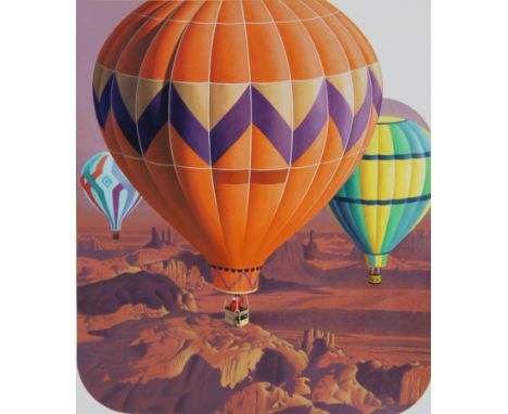 Howard Koslow (1924 - 2016) "Contemporary Hot Air Balloons" Signed lower right. Original Acrylic painting on Illustration Boa