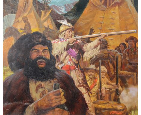 Shannon Stirnweis (B. 1931) "Mountain Man Rendezvous" Signed lower right. Original Oil on Illustration Board painting. Proven