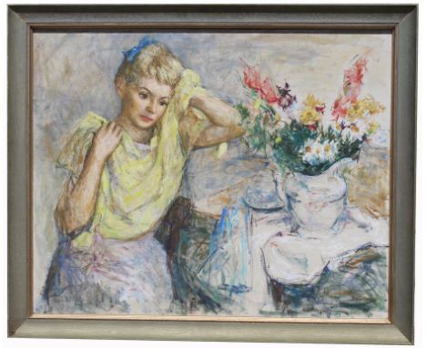 Thomas Strickland (Florida, New Jersey, 1932 - 1999) Oil on canvas painting depicting young girl with a yellow towel, 1960. I