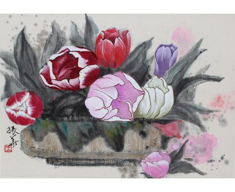 Zhenhua Wang (Chinese, 20th C.) "Tulips" Signed and stamped lower left. Watercolor on Rice Paper. Provenance: Collection of J