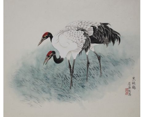 Zhan Gengxi (Chinese, B. 1941) "Two Black-necked Cranes Walking" Signed and stamped lower right. Original Watercolor painting