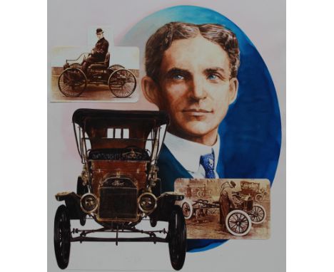 Chris Calle (American, B. 1961) "1900s - Model T Automobile, Henry Ford" Signed lower right. Original Mixed Media on Illustra