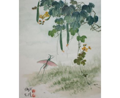 Yan Bingwu (Chinese, B. 1954) &amp; Yang Wenqing (Chinese, B. 1951) "Flying Insect" Signed lower left. Watercolor on Silk/Ric