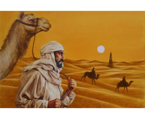 Paul Calle (1928 - 2010) and Chris Calle (B. 1961) "Quest for Oil Focuses on Middle East". Signed lower right. Original Mixed