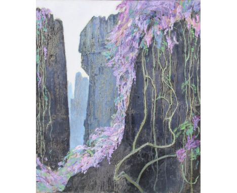 Zhan Jianjun (China, B. 1931) "Fog in the Stone Forest" Original oil on canvas painting. Provenance: Collection of James A. H