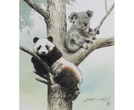 Xu Yanbo (Chinese, B. 1943) "Panda and Koala" Signed lower right. Original Watercolor painting. Provenance: Collection of Jam