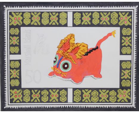 Huang Li (Chinese, B. 1941) "Year of the Tiger" Original mixed media on paper painting. Provenance: Collection of James A. He