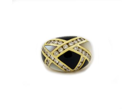 Asch Grossbardt 14K Gold, Diamond, Onyx & Mother of Pearl Ring. Set with 33 round cut diamonds. Stamped inside band.Ring Size