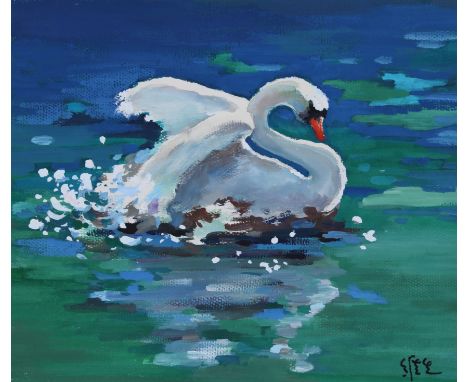 Wan Weisheng (Chinese, B. 1932) "Swan Swimming in Pond" Signed lower right. Original Tempera painting on Watercolor Paper. Pr