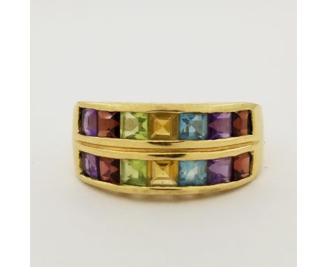 18K Gold Multi-Semi Precious Stone Ring. With heart decorations along edge. Stamped inside band.Ring Size: 7 Overall Weight: 