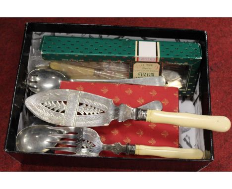 A box of miscellaneous silver plated and steel flatware, to include silver plated fish servers, salad servers etc 