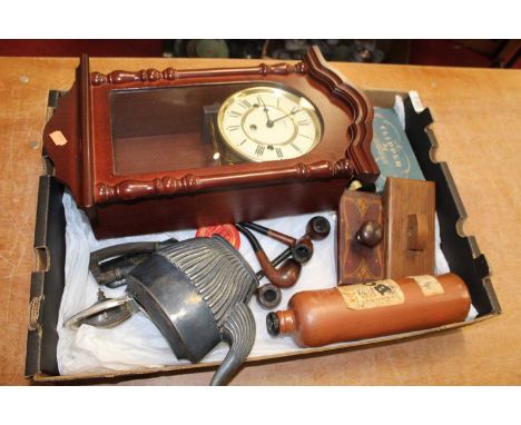 A box containing a collection of various items, to include a mahogany cased eight day chiming wall clock, a small collection 