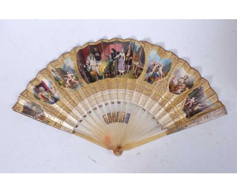 An early 20th century lady's fan, having faux mother of pearl sticks, the paper fan decorated with portrait vignettes within 
