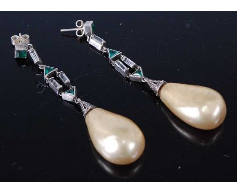 A pair of Art Deco base metal faux pearl and paste set drop ear pendants, 6.5cm